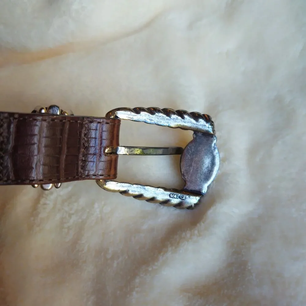 Brighton Museum Collection Brown Croc Embossed Leather Belt Gold Silver Buckle S
